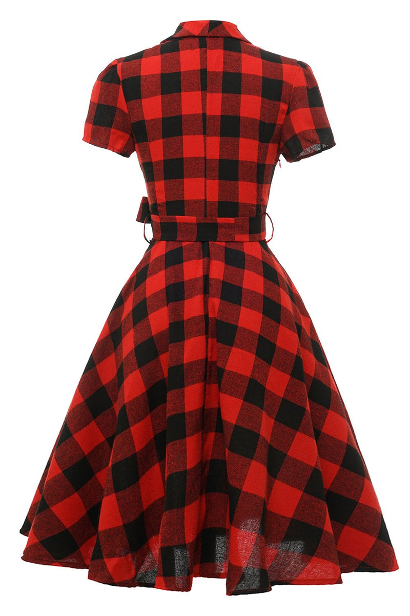 Laden Sie das Bild in den Galerie-Viewer, Rotes Plaid Kurzarm Vintage Kleid