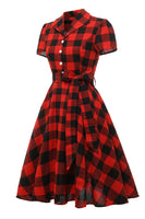 Laden Sie das Bild in den Galerie-Viewer, Rotes Plaid Kurzarm Vintage Kleid
