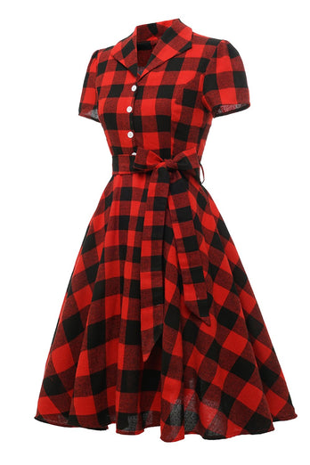 Rotes Plaid Kurzarm Vintage Kleid