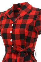 Laden Sie das Bild in den Galerie-Viewer, Rotes Plaid Kurzarm Vintage Kleid