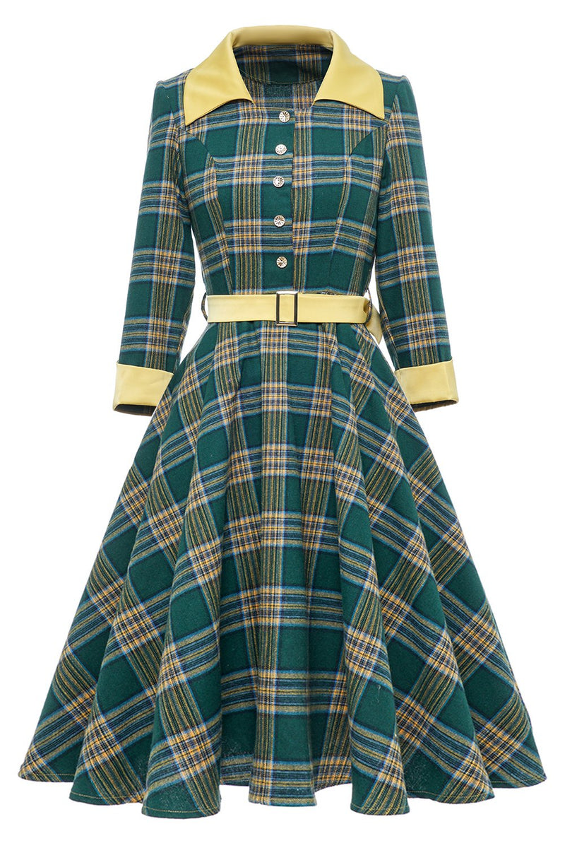 Laden Sie das Bild in den Galerie-Viewer, Grün kariertes Herbst Vintage Kleid