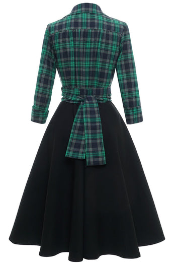 Grün kariertes Vintage Kleid mit langen Ärmeln