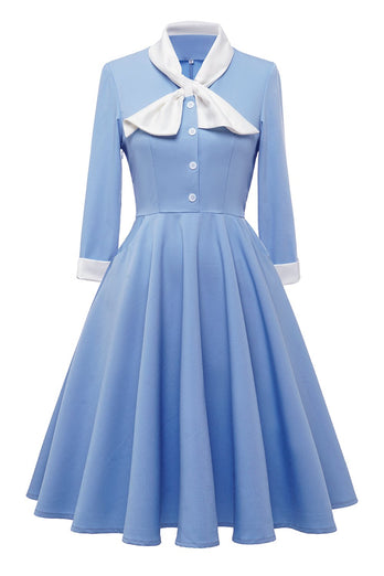 Blaues Button Vintage 1950er Jahre Kleid mit Bowknot