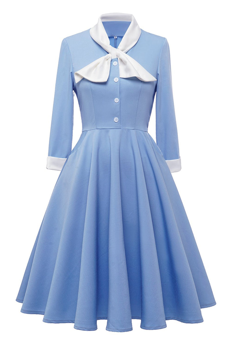 Laden Sie das Bild in den Galerie-Viewer, Blaues Button Vintage 1950er Jahre Kleid mit Bowknot