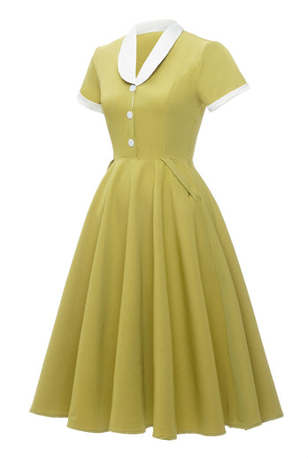 V-Ausschnitt Zitrone Gelb Vintage Kleid mit kurzen Ärmeln