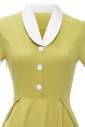 V-Ausschnitt Zitrone Gelb Vintage Kleid mit kurzen Ärmeln