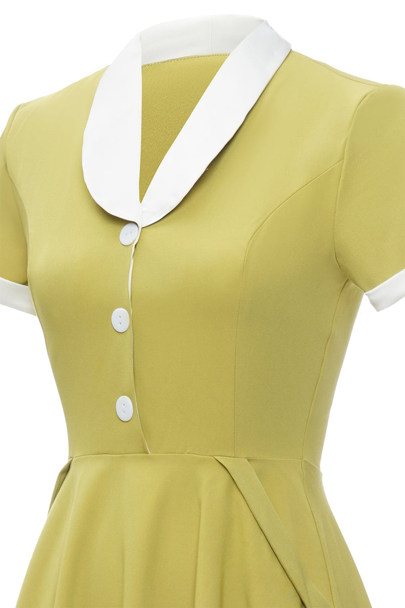 Laden Sie das Bild in den Galerie-Viewer, V-Ausschnitt Zitrone Gelb Vintage Kleid mit kurzen Ärmeln