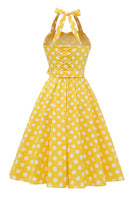 Laden Sie das Bild in den Galerie-Viewer, Neckholder Blau Polka Dots 1950er Jahre Kleid