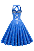 Laden Sie das Bild in den Galerie-Viewer, Neckholder Blau Polka Dots Vintage Kleid mit Rückenlehne