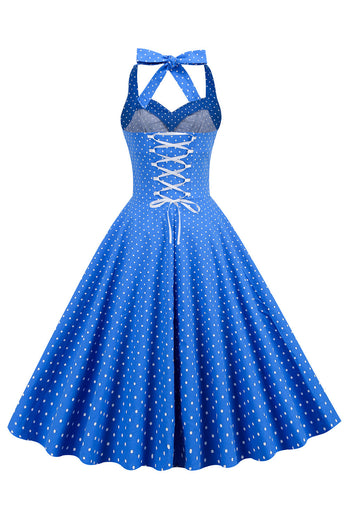 Neckholder Blau Polka Dots Vintage Kleid mit Rückenlehne