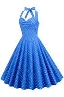 Laden Sie das Bild in den Galerie-Viewer, Neckholder Blau Polka Dots Vintage Kleid mit Rückenlehne