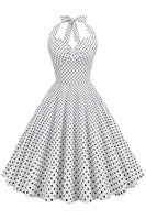 Laden Sie das Bild in den Galerie-Viewer, Neckholder Blau Polka Dots Vintage Kleid mit Rückenlehne