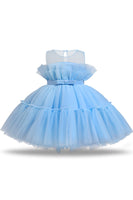 Laden Sie das Bild in den Galerie-Viewer, Blaues Blumenmädchenkleid aus Tüll in A-Linie mit Schleife