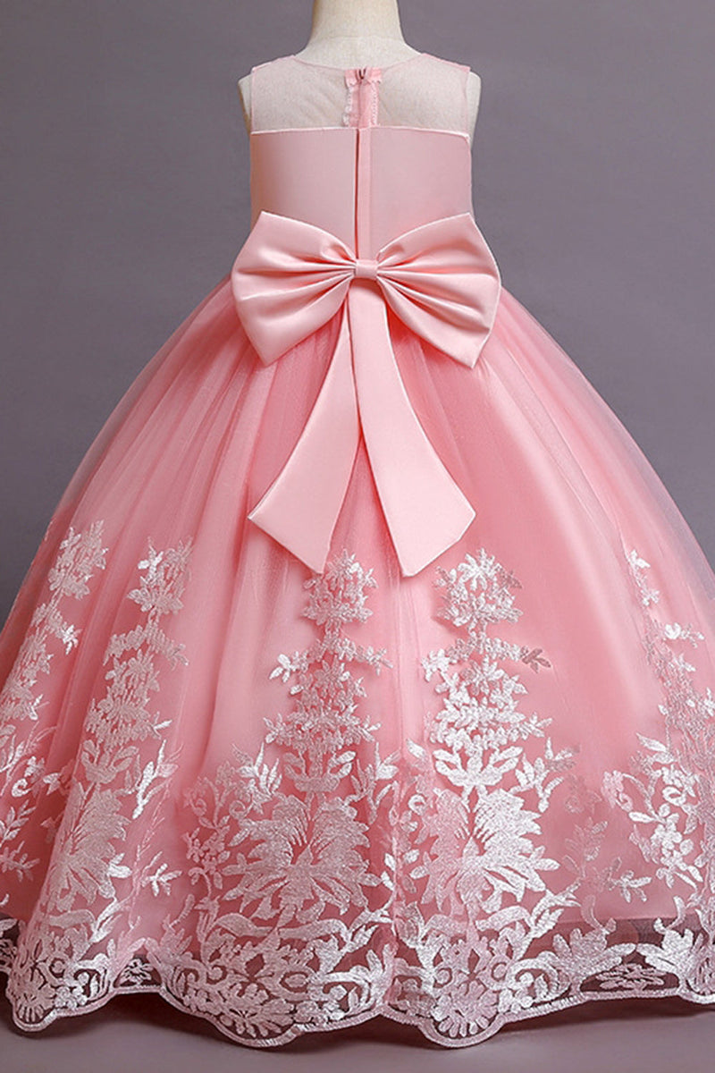 Laden Sie das Bild in den Galerie-Viewer, Ärmelloses Rosa Blumenmädchenkleid mit Stickerei und Schleife