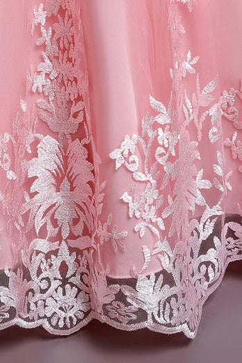 Ärmelloses Rosa Blumenmädchenkleid mit Stickerei und Schleife