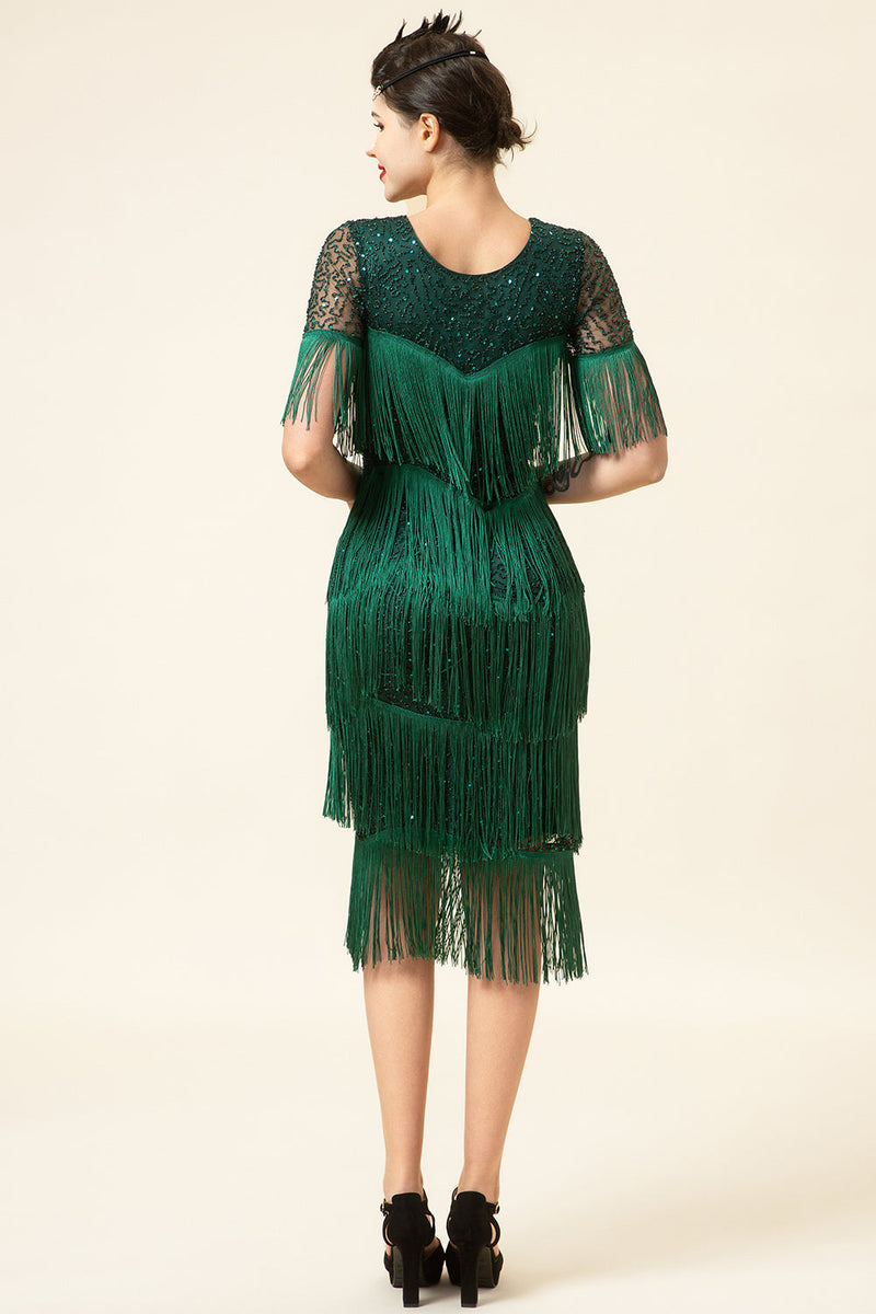Laden Sie das Bild in den Galerie-Viewer, Rundhalsausschnitt dunkelgrün Perlen Gatsby 1920er Jahre Kleid mit Fransen