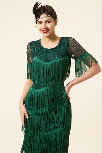 Rundhalsausschnitt dunkelgrün Perlen Gatsby 1920er Jahre Kleid mit Fransen