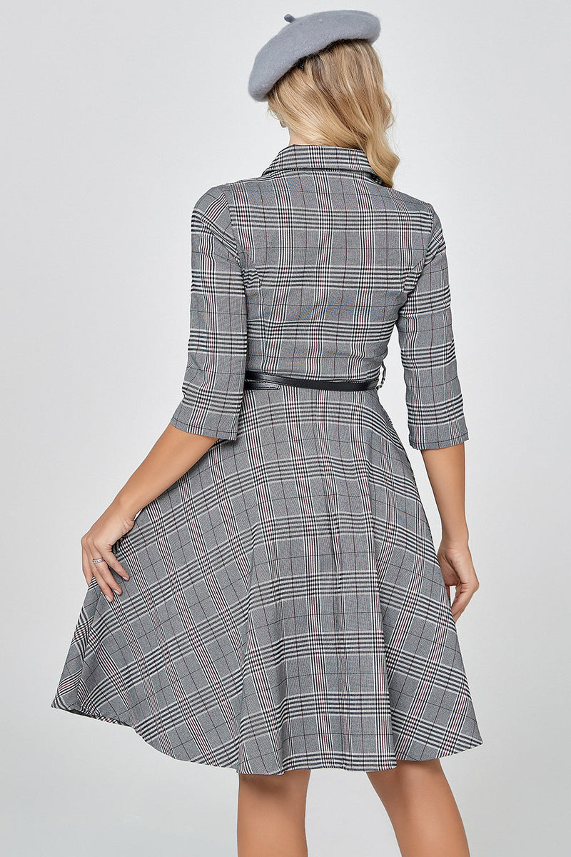 Laden Sie das Bild in den Galerie-Viewer, Dunkelgraues Vintage Karo 1950er Jahre Swing Party Kleid mit Ärmeln