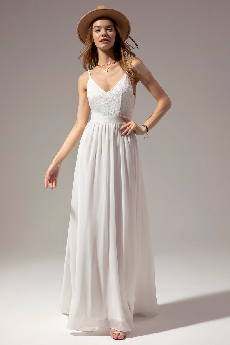 Laden Sie das Bild in den Galerie-Viewer, Weißes langes Chiffon Brautjungfer Maxi Kleid