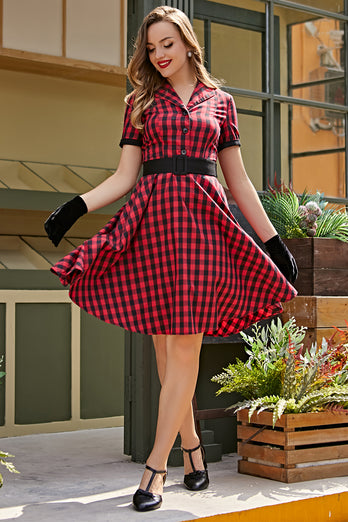Rot 1950er Plaid Swing Vintage Kleid