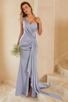Laden Sie das Bild in den Galerie-Viewer, Grau Blau Eine Schulter Brautjungfer Kleid