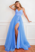 Laden Sie das Bild in den Galerie-Viewer, Zweiteilige Spaghettiträger Fuchsia Ballkleid mit Schlitz