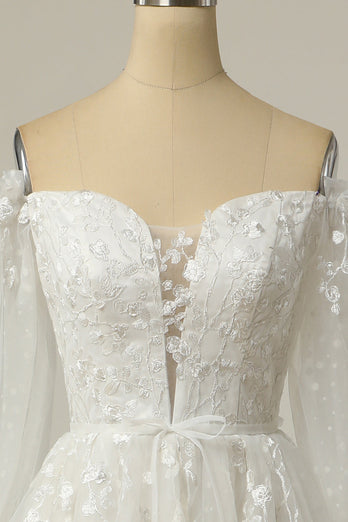 Luxuriöses A Linie Schulterfreies Weißes Hochzeitskleid mit Applikationen