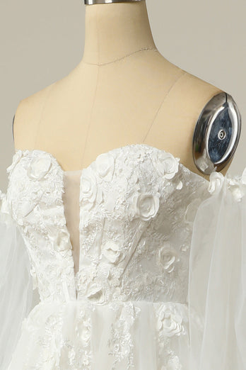 A-Linie Schulterfreies Elfenbein Brautkleid mit langen Ärmeln