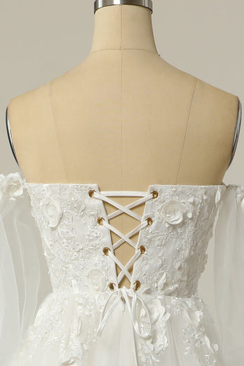 A-Linie Schulterfreies Elfenbein Brautkleid mit langen Ärmeln