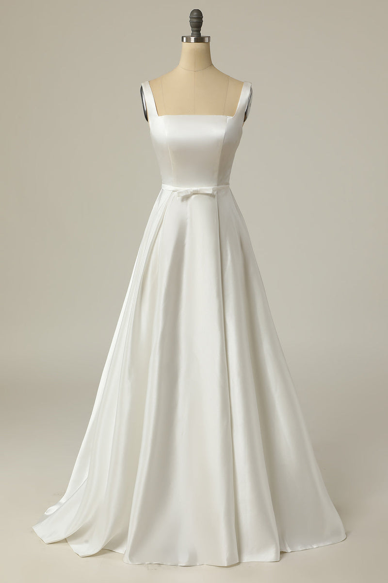 Laden Sie das Bild in den Galerie-Viewer, Einfach A Linie Eckiger hals Weißes Langes Hochzeitskleid