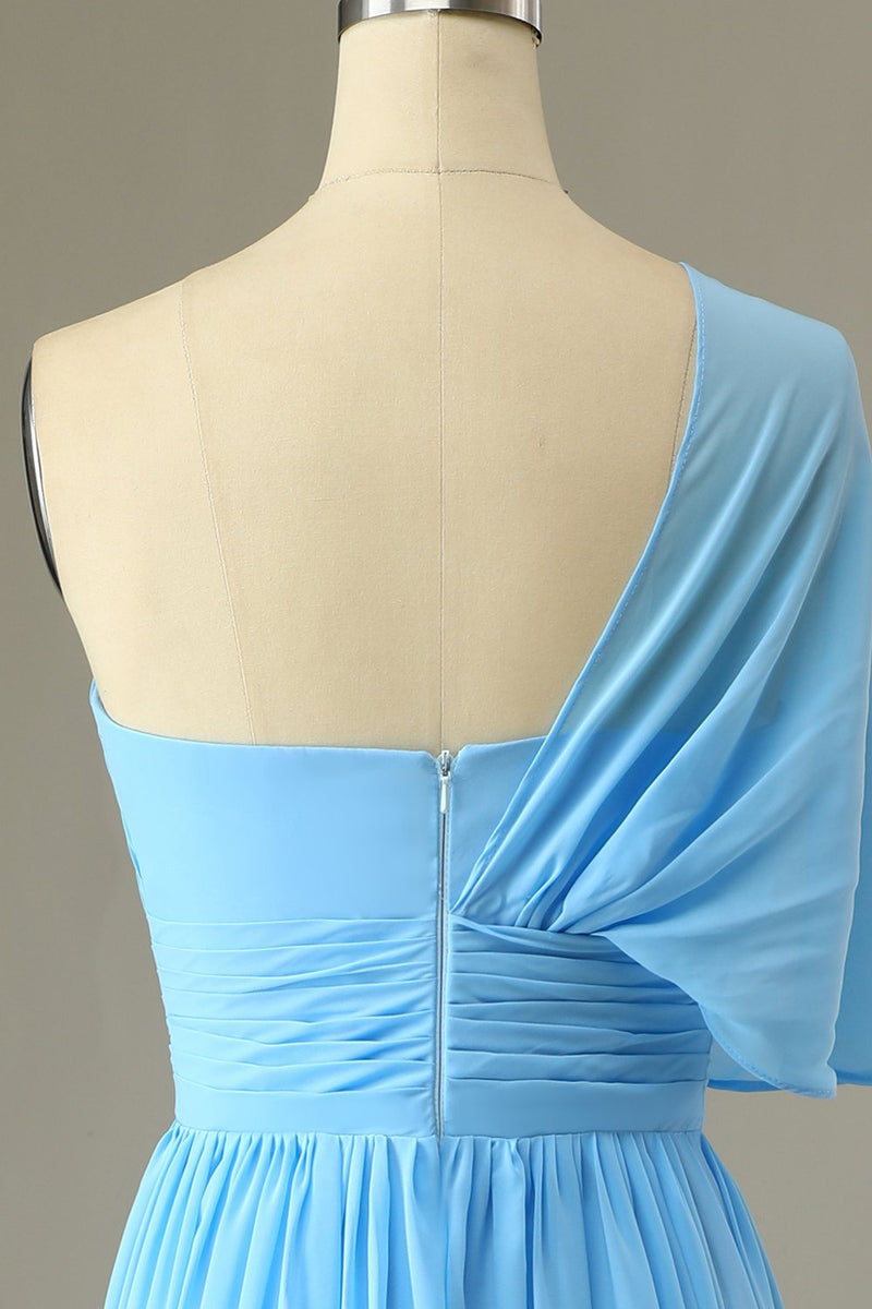 Laden Sie das Bild in den Galerie-Viewer, Eine Schulter Blaues Brautjungfernkleid