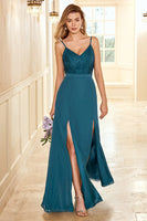 Laden Sie das Bild in den Galerie-Viewer, Grünes Spitze Brautjungfer Kleid mit Schlitz