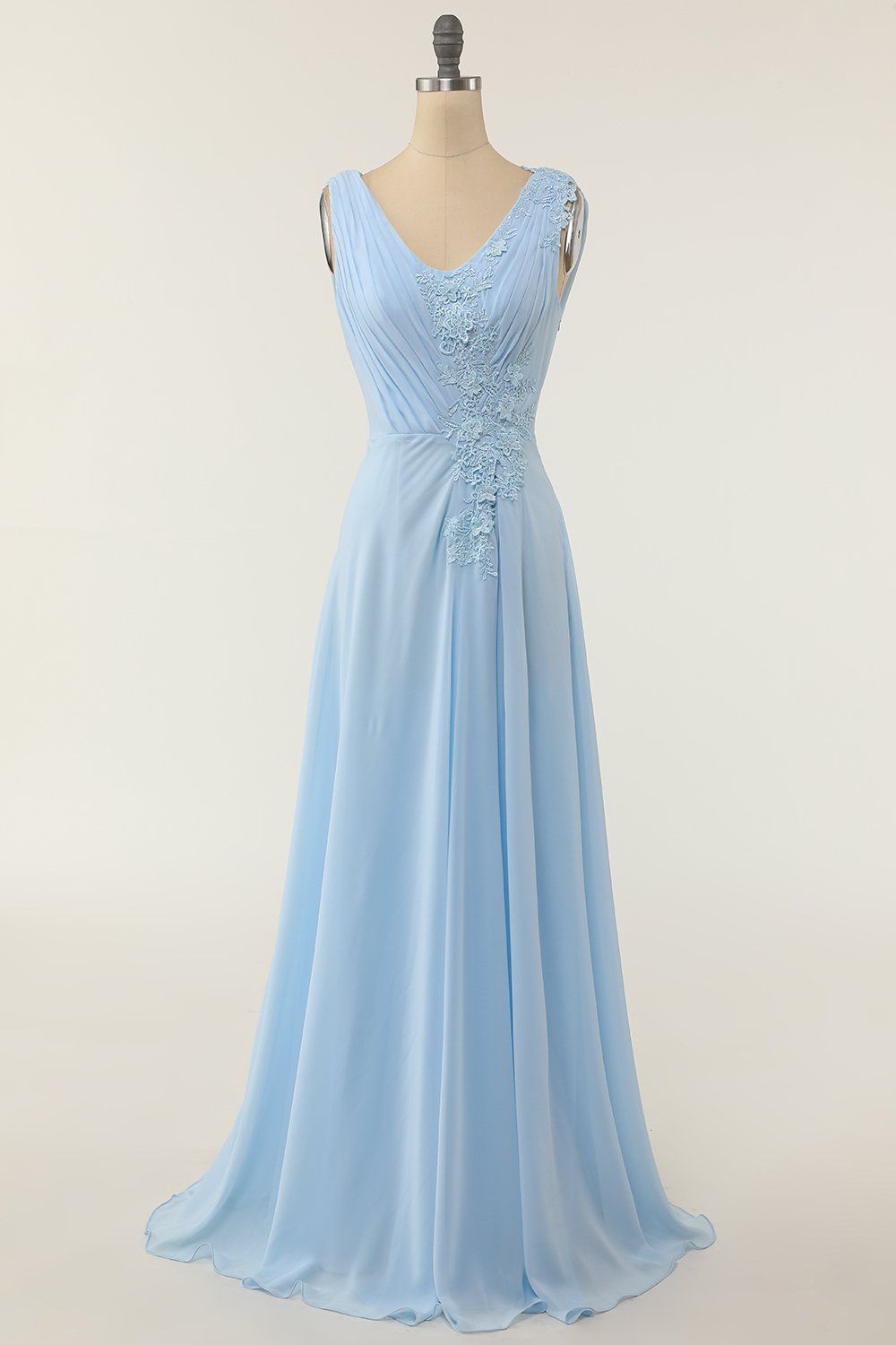 V-Ausschnitt Blaues Brautjungfernkleid mit Rüschen