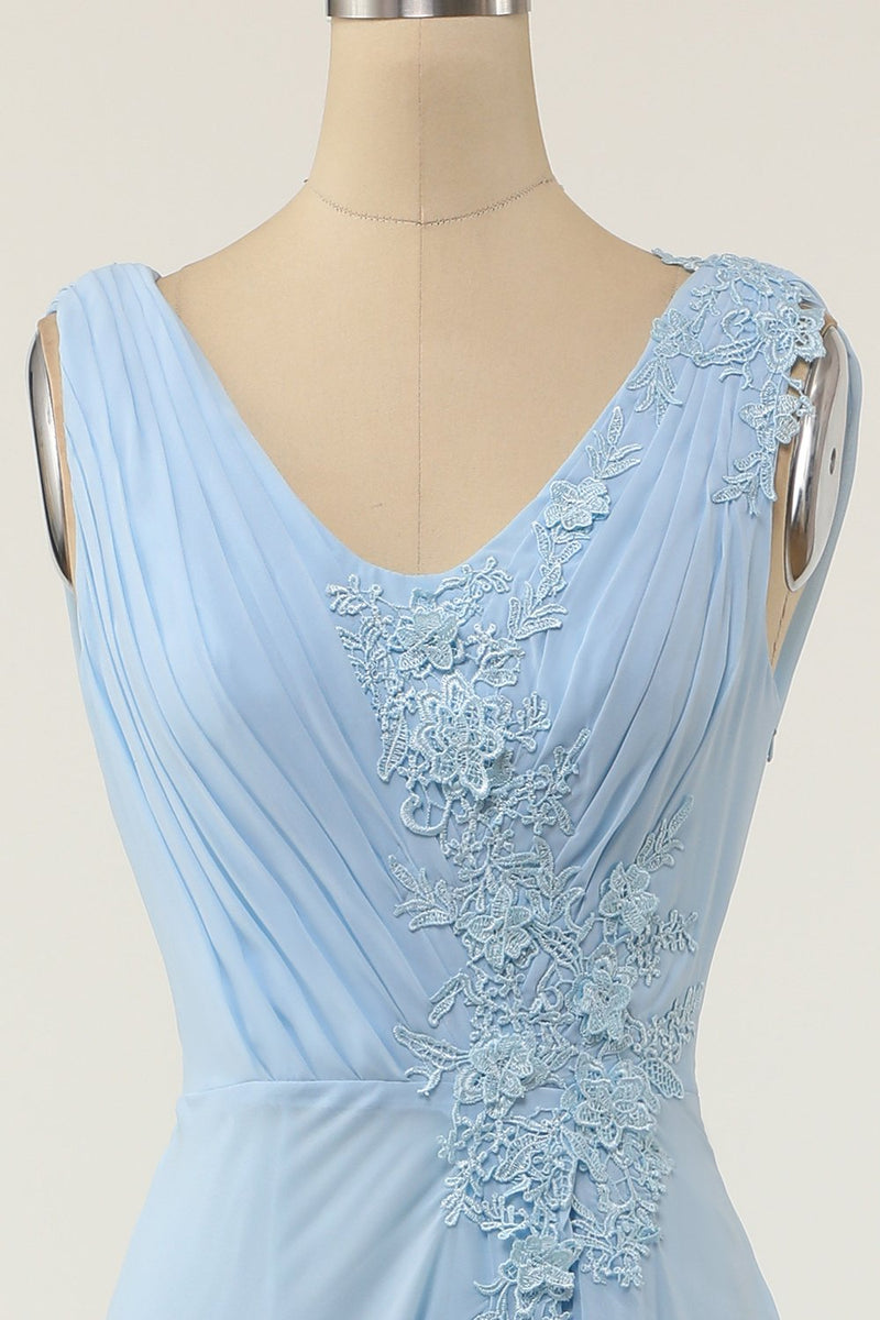 Laden Sie das Bild in den Galerie-Viewer, V-Ausschnitt Blaues Brautjungfernkleid mit Rüschen