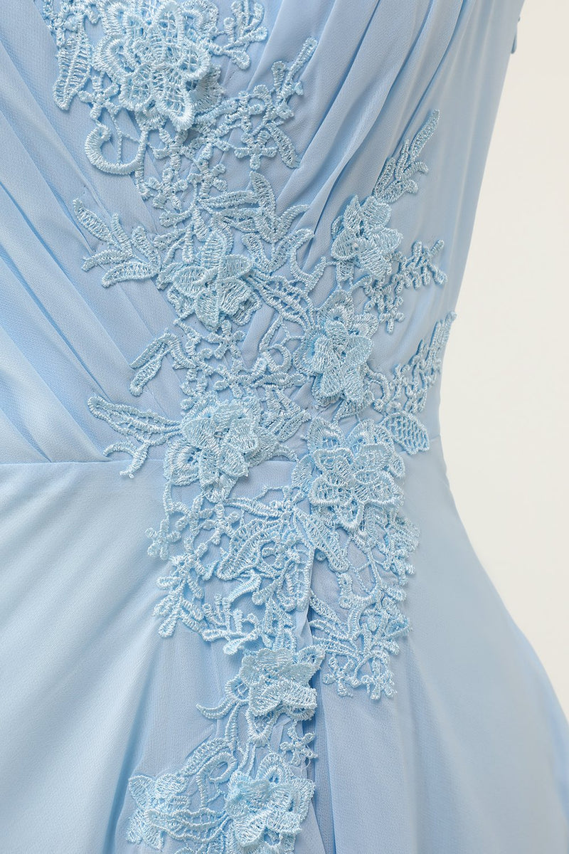 Laden Sie das Bild in den Galerie-Viewer, V-Ausschnitt Blaues Brautjungfernkleid mit Rüschen