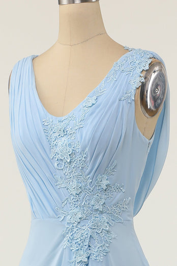 V-Ausschnitt Blaues Brautjungfernkleid mit Rüschen