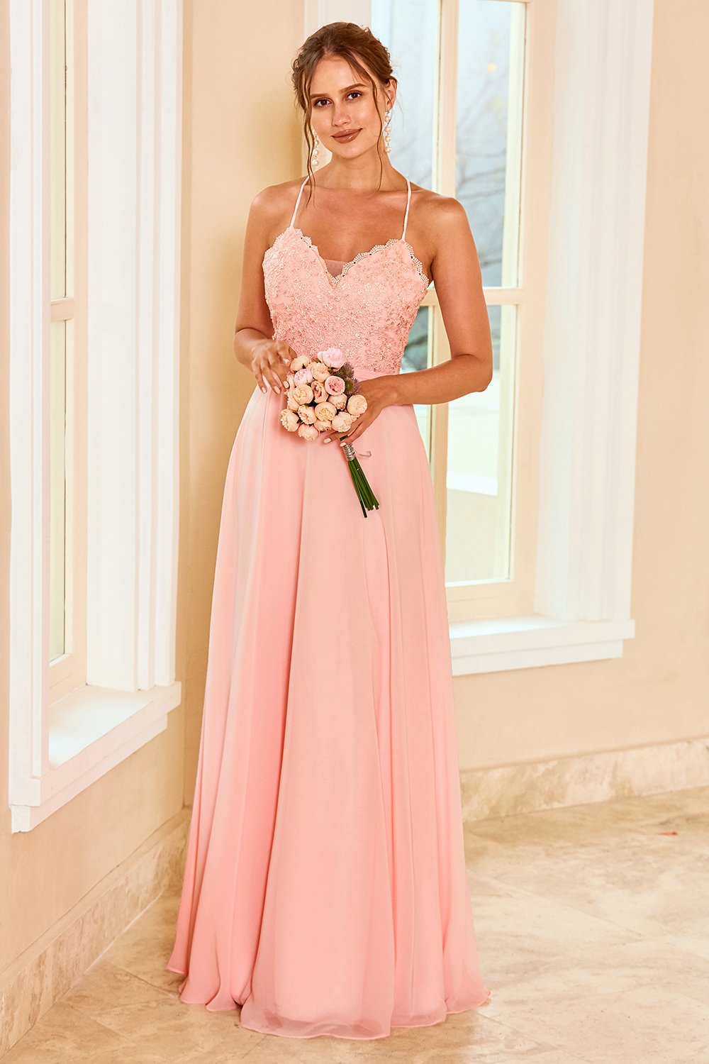 Spitze Blush Brautjungfer Kleid