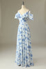 Laden Sie das Bild in den Galerie-Viewer, A-Linie Schulterfreies Blaues Blumendruck Langes Brautjungfernkleid