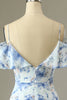 Laden Sie das Bild in den Galerie-Viewer, A-Linie Schulterfreies Blaues Blumendruck Langes Brautjungfernkleid