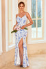 Laden Sie das Bild in den Galerie-Viewer, Sheath Spaghetti Träger Blau Blumenprint Lange Brautjungfer Kleid mit Schlitz