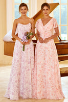 Laden Sie das Bild in den Galerie-Viewer, A-Linie Spaghetti Träger Lila Blume Bedruckte Brautjungfer Kleid