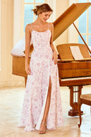 Laden Sie das Bild in den Galerie-Viewer, A-Linie Spaghetti Träger Lila Blume Bedruckte Brautjungfer Kleid