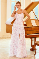 Laden Sie das Bild in den Galerie-Viewer, A-Linie Spaghetti Träger Lila Blume Bedruckte Brautjungfer Kleid