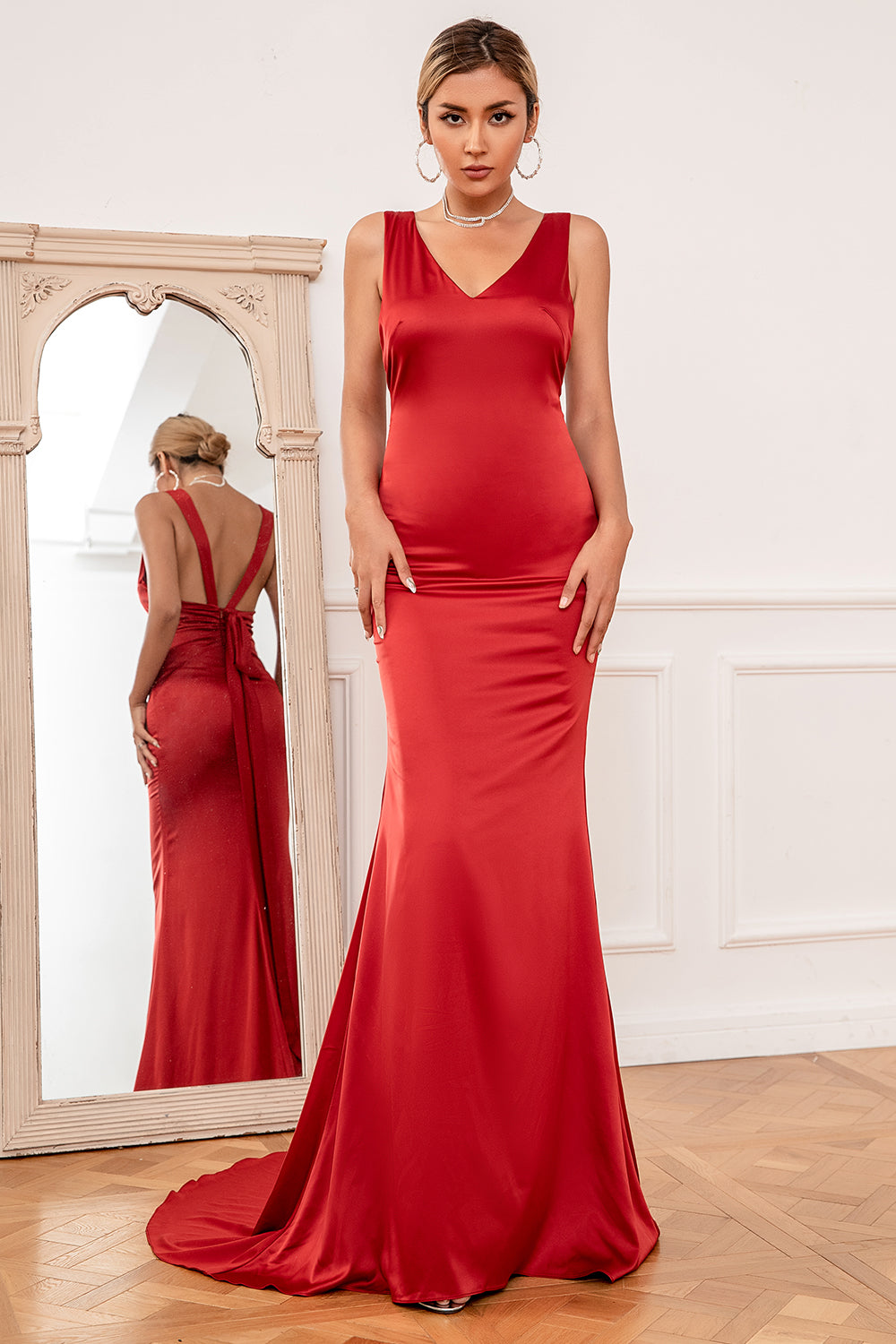 Meerjungfrau V Ausschnitt Rost Rot Langes Brautjungfer Kleid