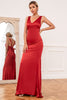 Laden Sie das Bild in den Galerie-Viewer, Meerjungfrau V Ausschnitt Rost Rot Langes Brautjungfer Kleid