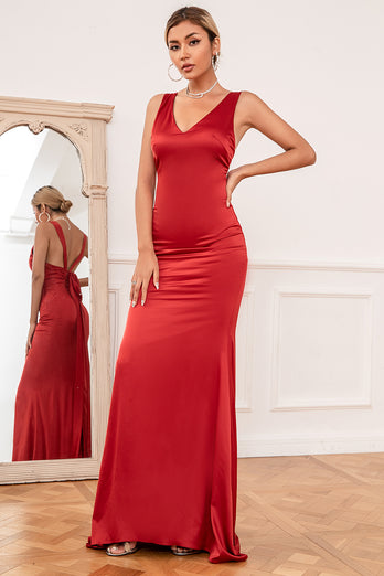Meerjungfrau V Ausschnitt Rost Rot Langes Brautjungfer Kleid