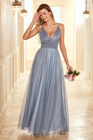 Laden Sie das Bild in den Galerie-Viewer, A Line Spaghetti Träger Grau Blau Lange Brautjungfer Kleid