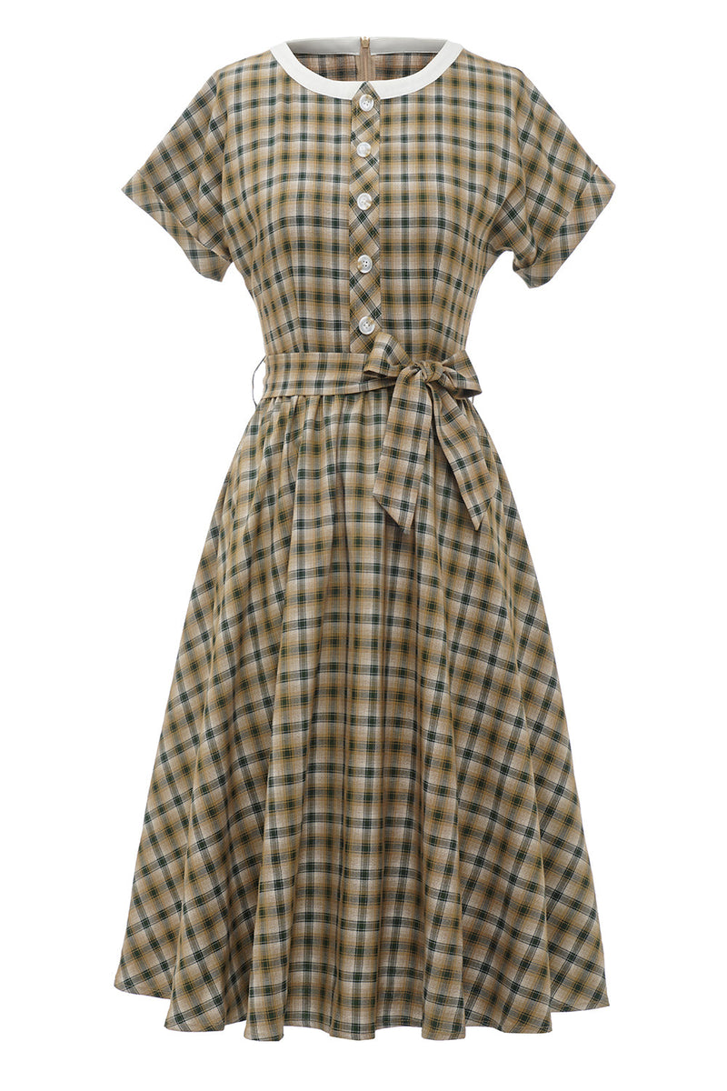 Laden Sie das Bild in den Galerie-Viewer, Khaki Grünes Gitter Kurze Ärmel 1950er Jahre Vintage Kleid