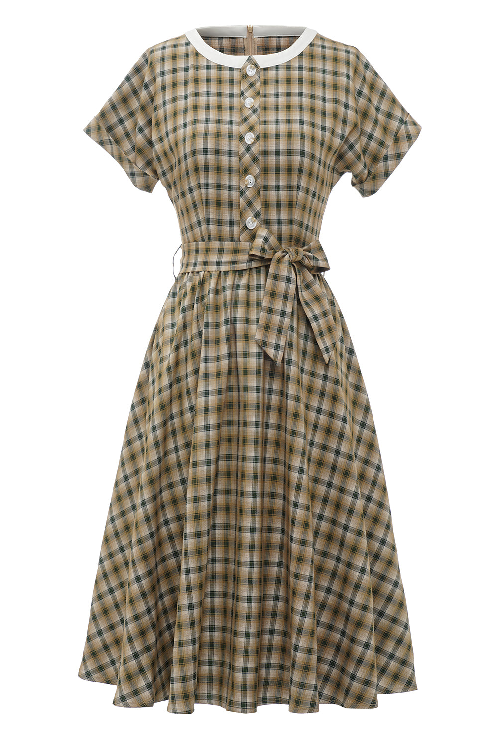 Khaki Grünes Gitter Kurze Ärmel 1950er Jahre Vintage Kleid