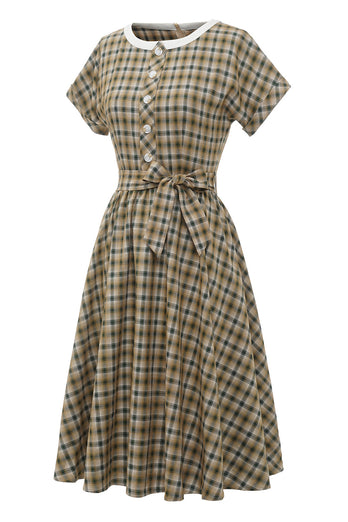 Khaki Grünes Gitter Kurze Ärmel 1950er Jahre Vintage Kleid